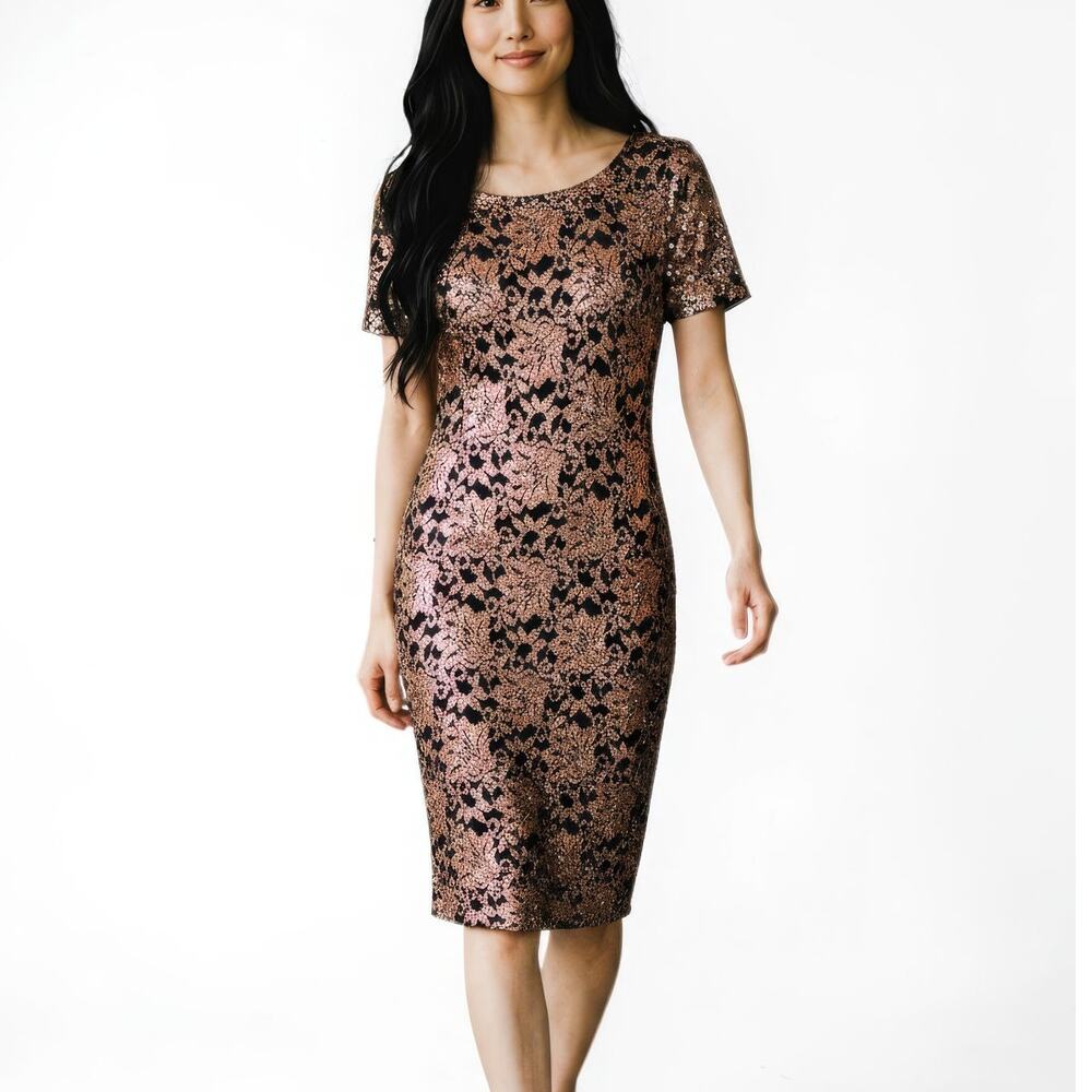 CANDALITE Stretchy Black Rose Gold Lace Fitted Sequins Dress M
